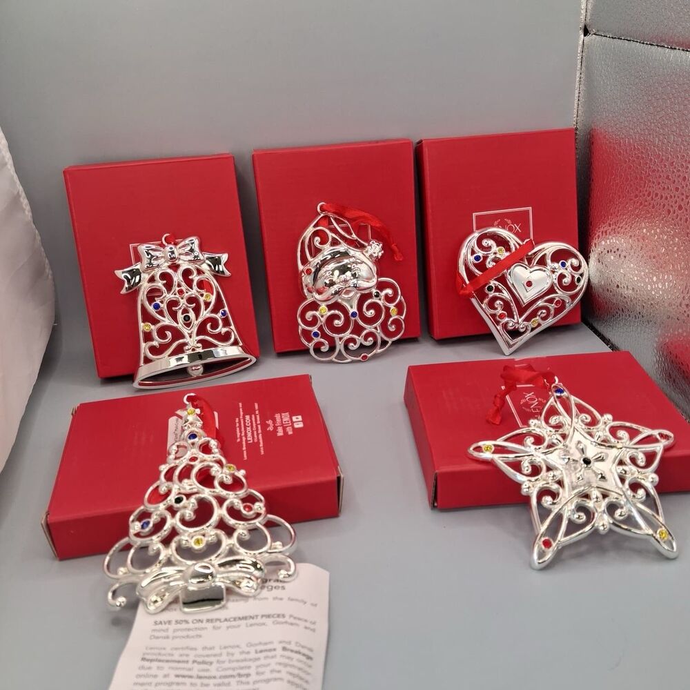 LENOX Sparkle and Scroll Lot 5 Multi Gem Christmas Ornament Silverplate Holiday